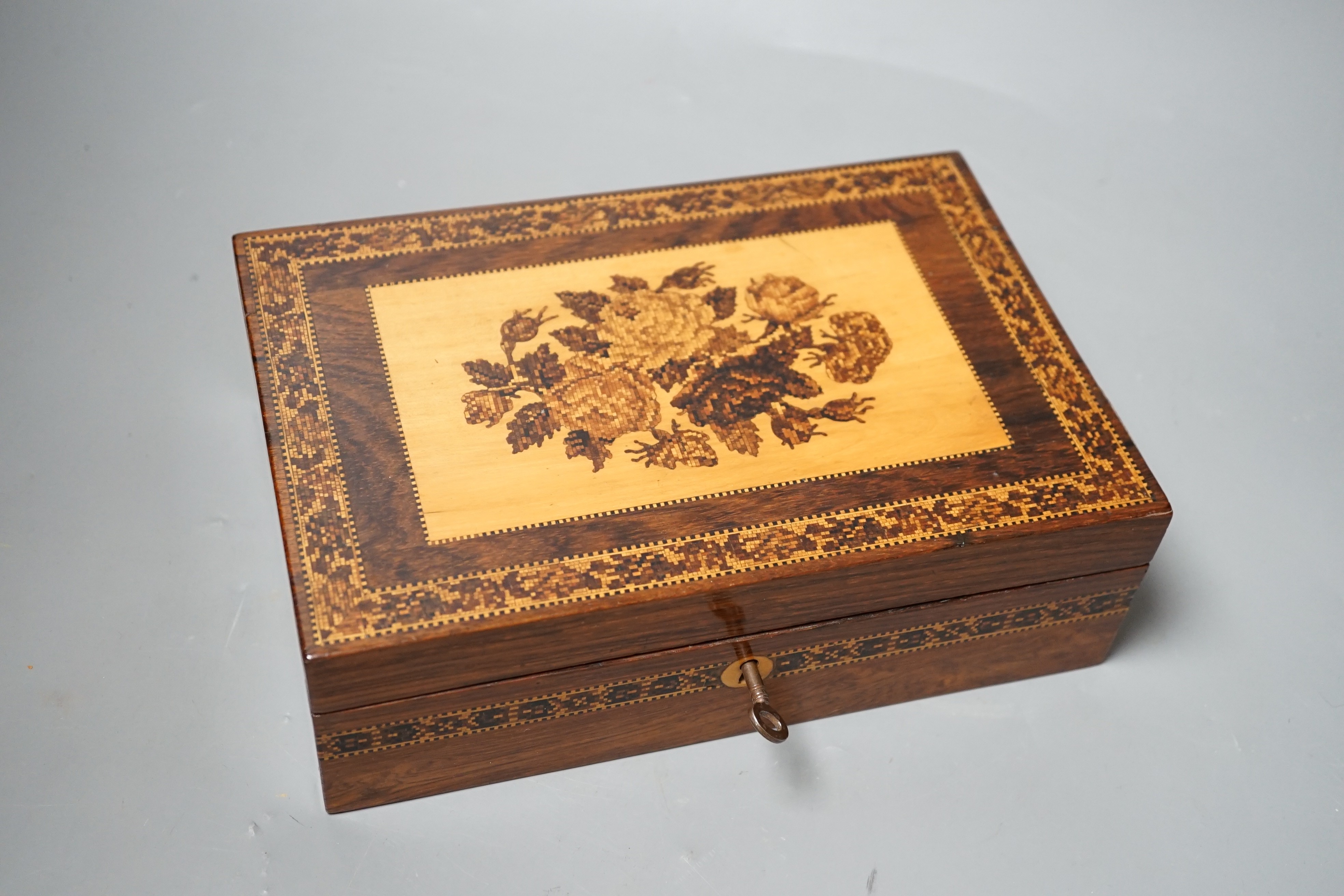 A Tunbridge ware rosewood ‘roses’ box and cover, late 19th century, 22.5cm wide